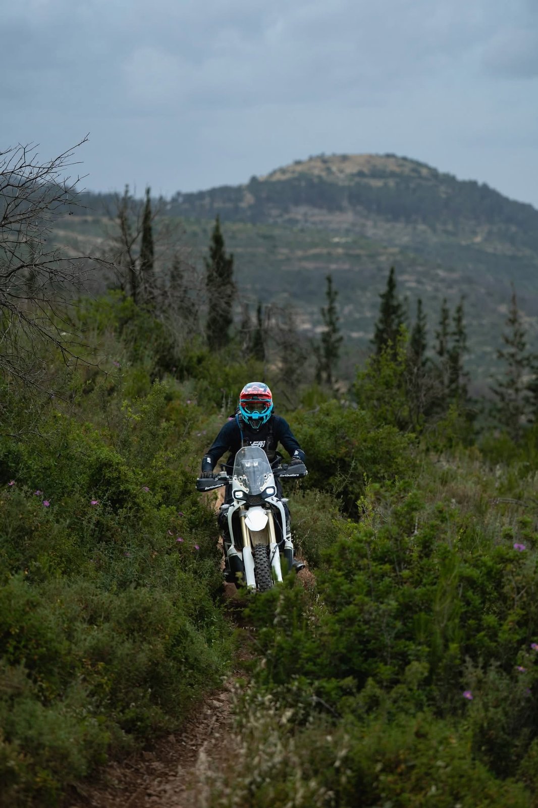 David riding a rally bike up a narrow single track, a mountain rising behind