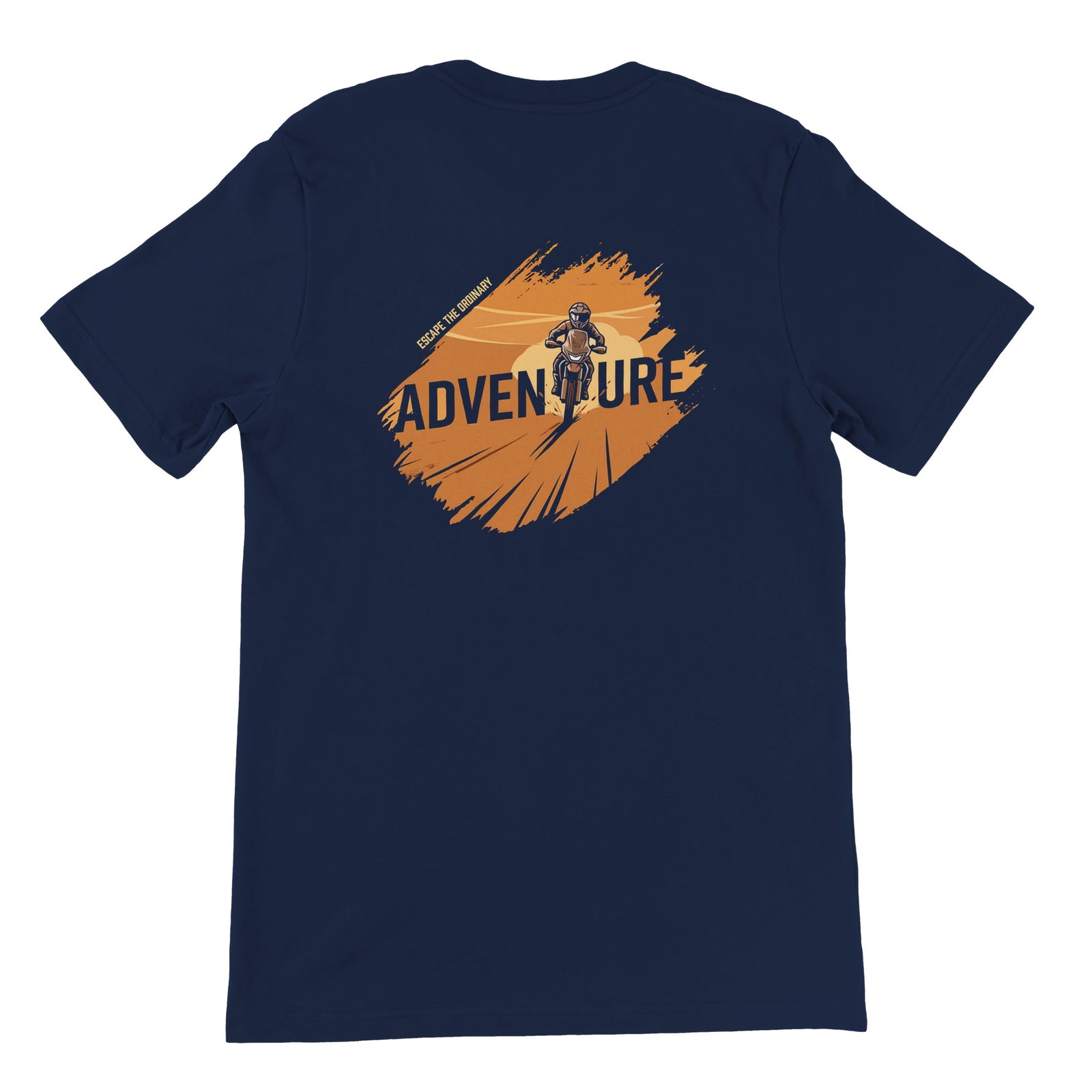 Navy tee with an orange brushstroke BMW GS rider graphic reading Adventure, Escape The Ordinary