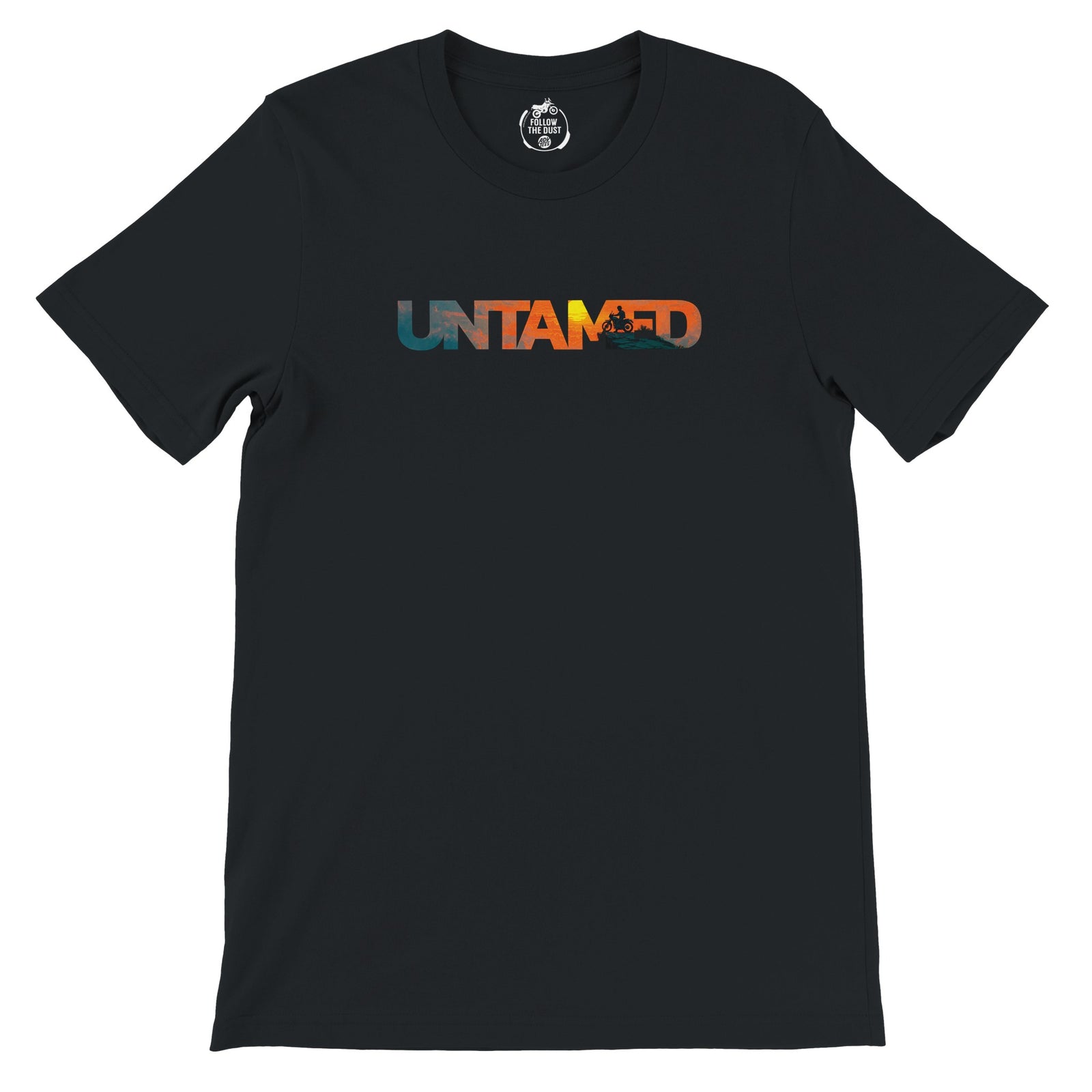 Black tee with colorful type reading Untamed