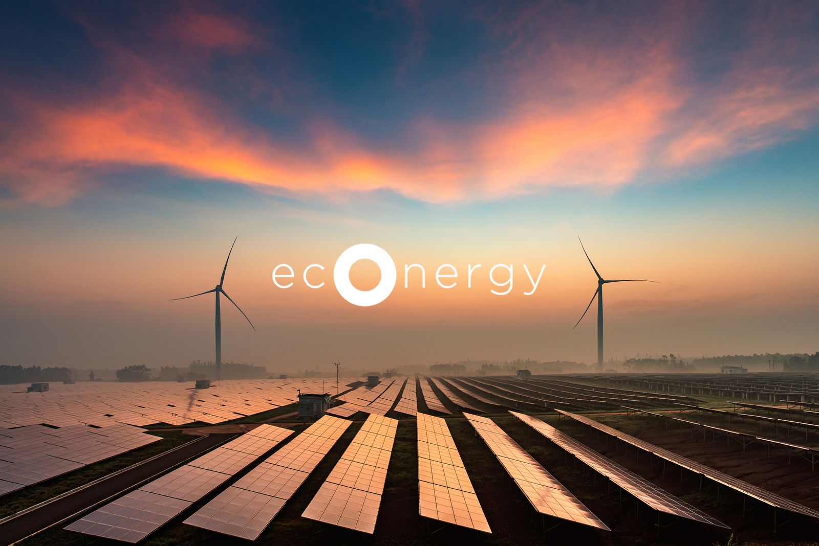 Econergy logo over a solar and wind farm at sunset