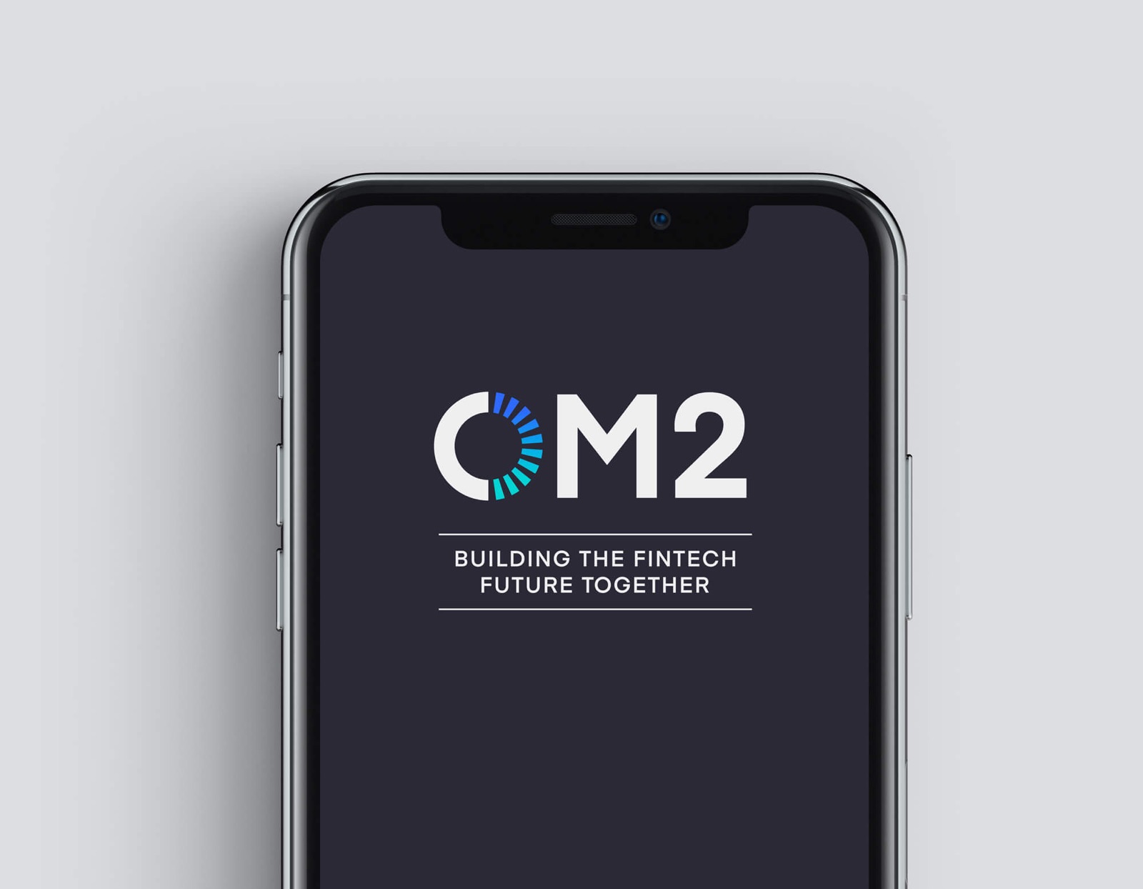 OM2 logo on a smartphone screen against a black background