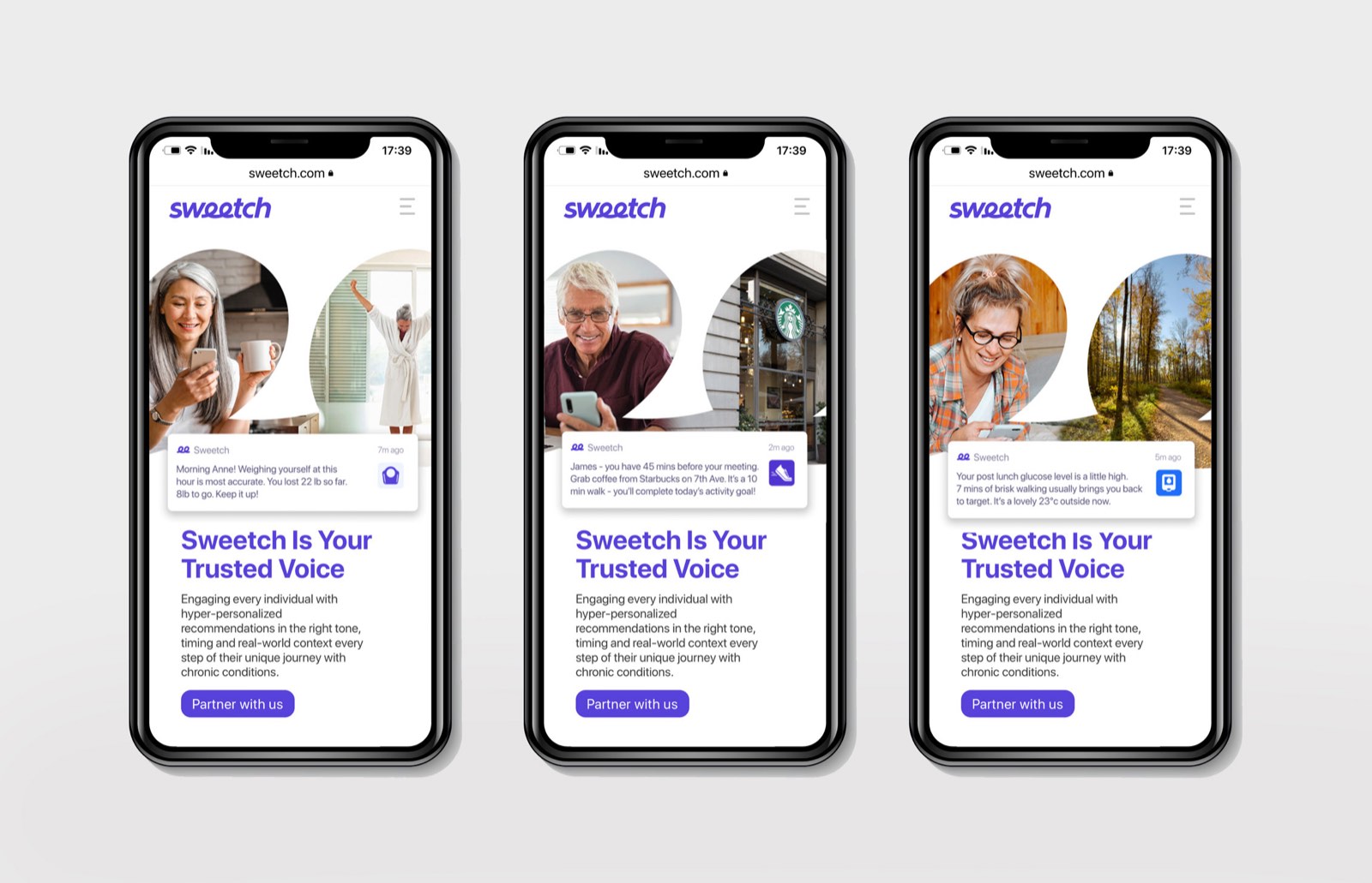 Three phones showing the Sweetch app and the headline Sweetch is Your Trusted Voice
