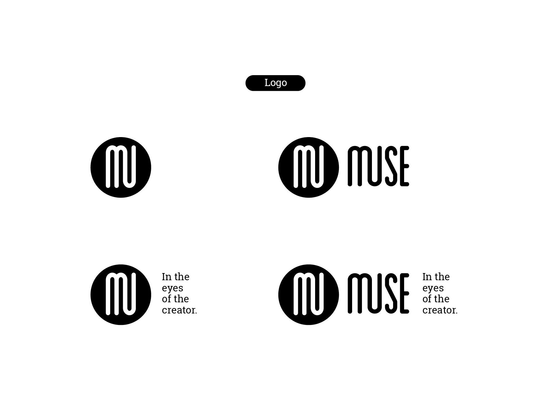 Muse eyewear: logo lockups, the M monogram and wordmark with the tagline In the eyes of the creator