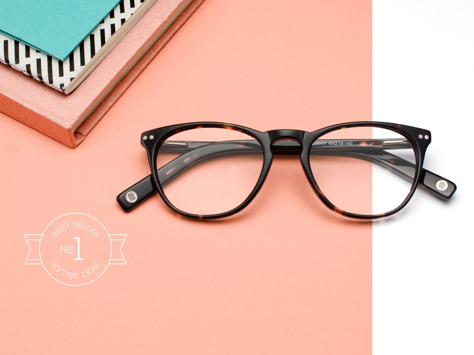 Muse eyewear: best-seller tortoise frame photographed on the coral brand background