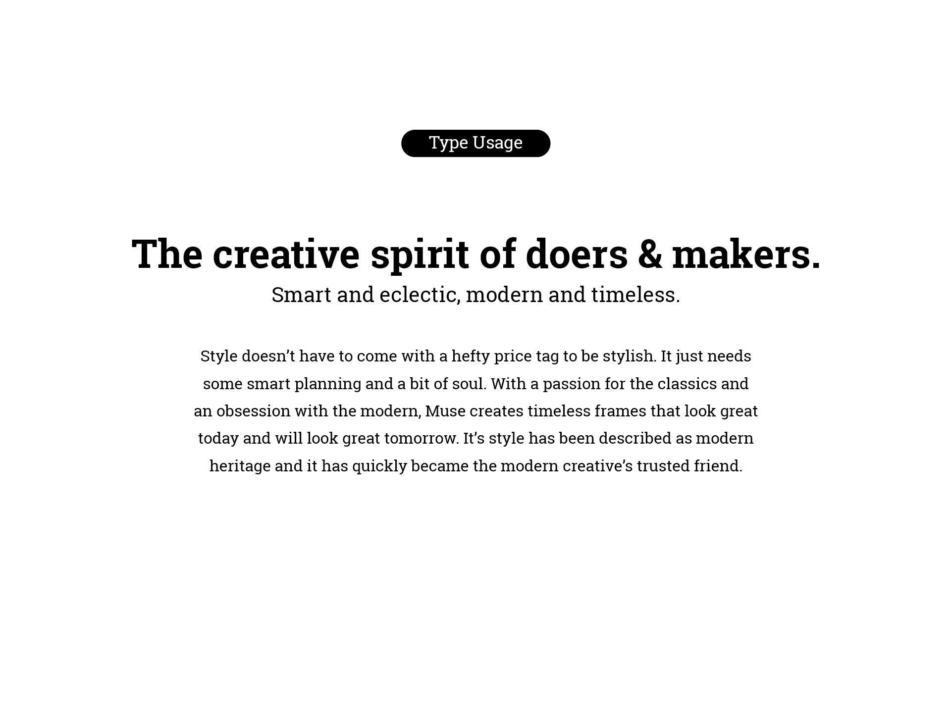 Muse eyewear: type usage board, slab serif headline over running text