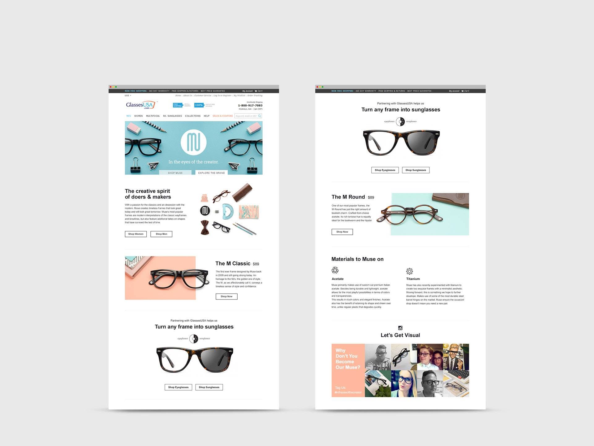 Muse eyewear: brand pages designed for the GlassesUSA store