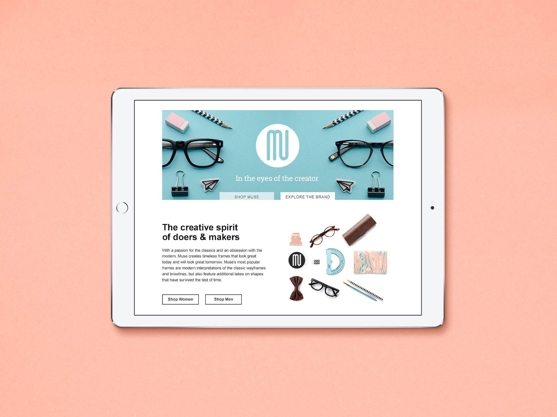 Muse eyewear: the brand homepage on a tablet, hero in the teal art direction